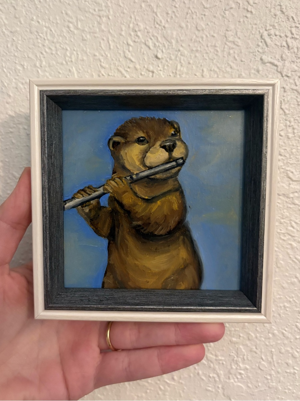 "Musical Otter" Original oil painting on wood board mini framed 4x4"